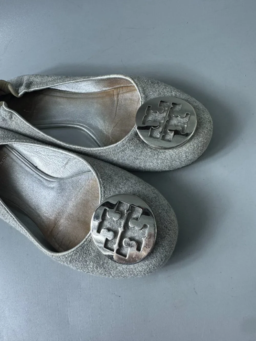 Tory Burch Reva Gray Silver Wool Ballet Flats Shoes, Size 7